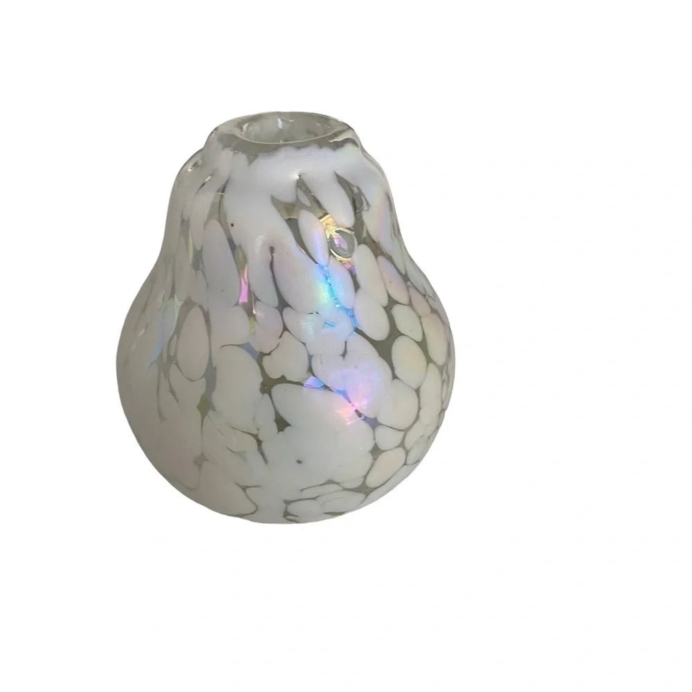 Blown Art Deco Small Glass Bud Vase Iridescent Pearl White and Clear